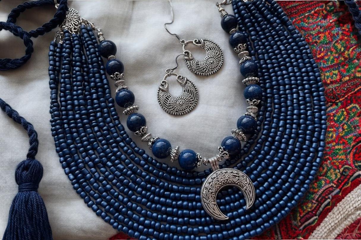 Blue Ukrainian Moon Necklace + Earrings Traditional Ethnic Jewelry for Women Beads Necklace Ethnic Multirow Necklace of Glass Beads Folk Art
