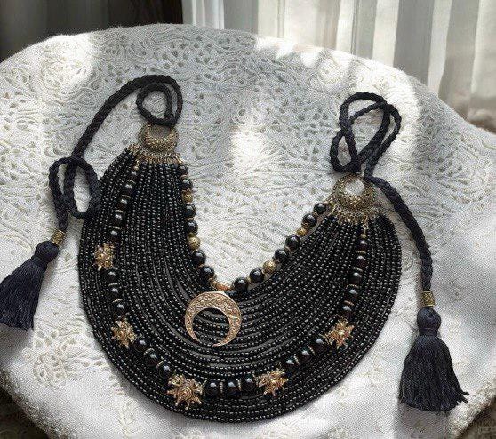 Black Ukrainian Traditional necklace Jewelry Ethnic Multirow Necklace of antique glass beads with contempt Gift for Her MOTHERS DAY