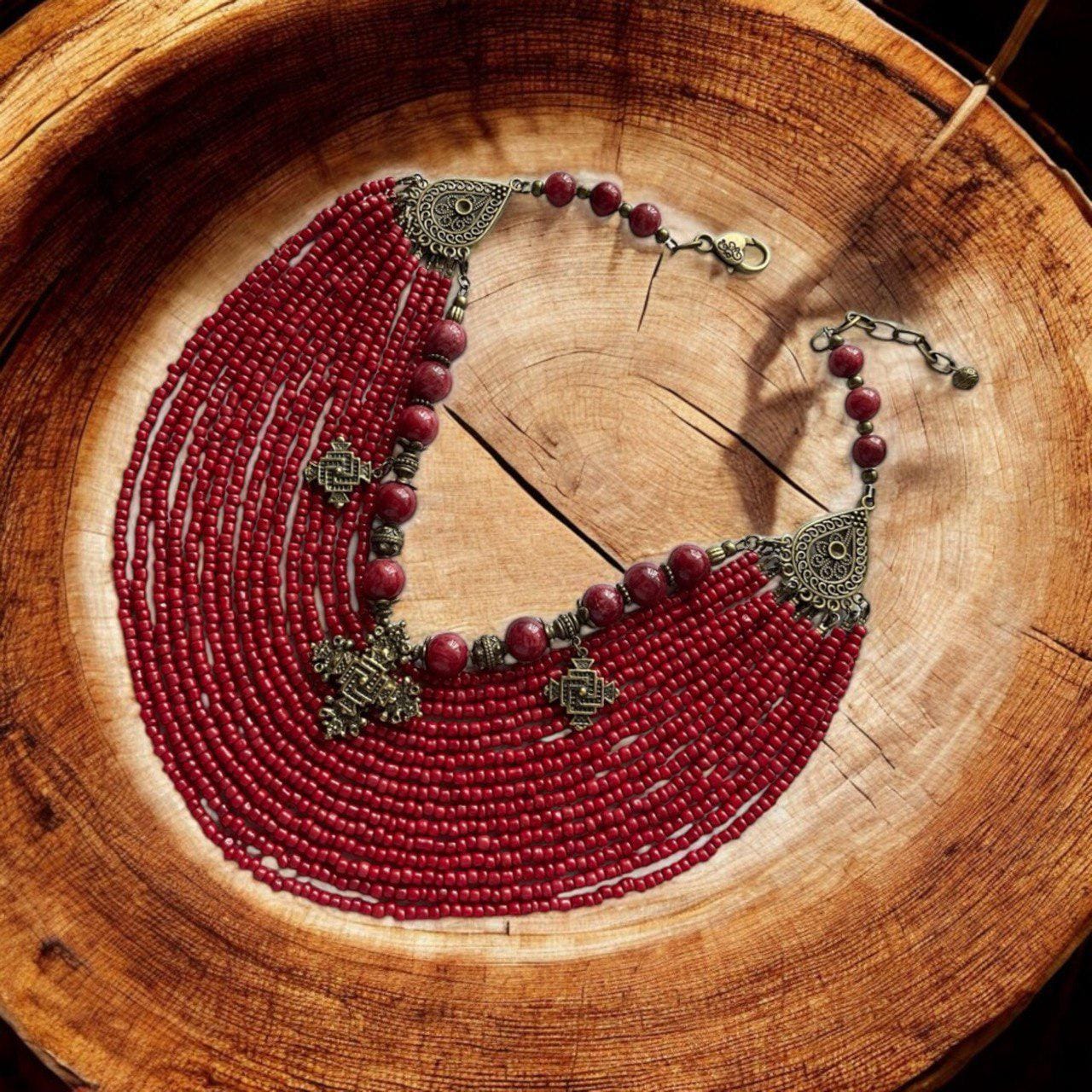 Red Ukrainian Traditional necklace Jewelry Ethnic ceramics Multirow Necklace of antique fireplace beads with contempt Gift for Her Christmas