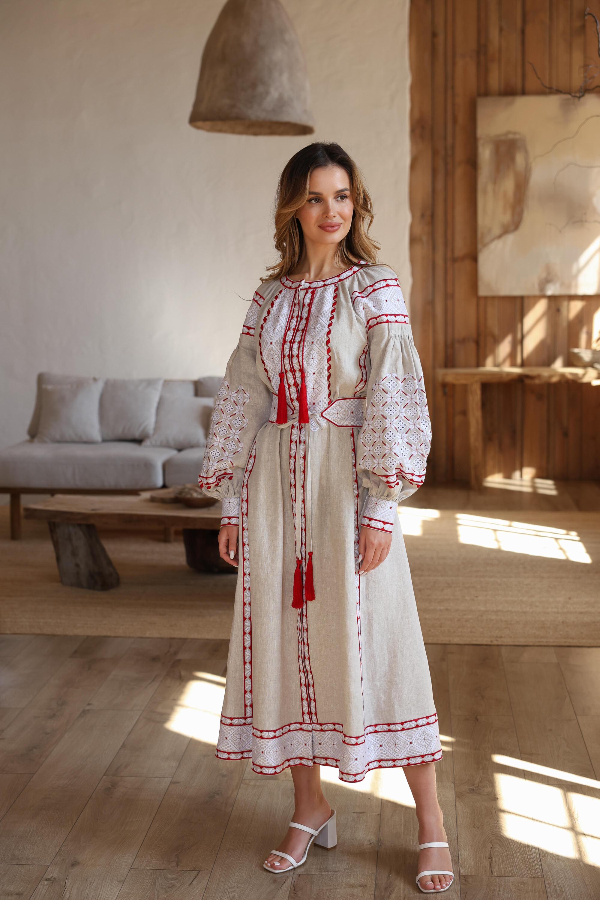 Wedding Linen Dress with Exquisite Ukrainian Vyshyvanka Blue Embroidery Linen Embroidered Dress Ukrainian Dress Boho style