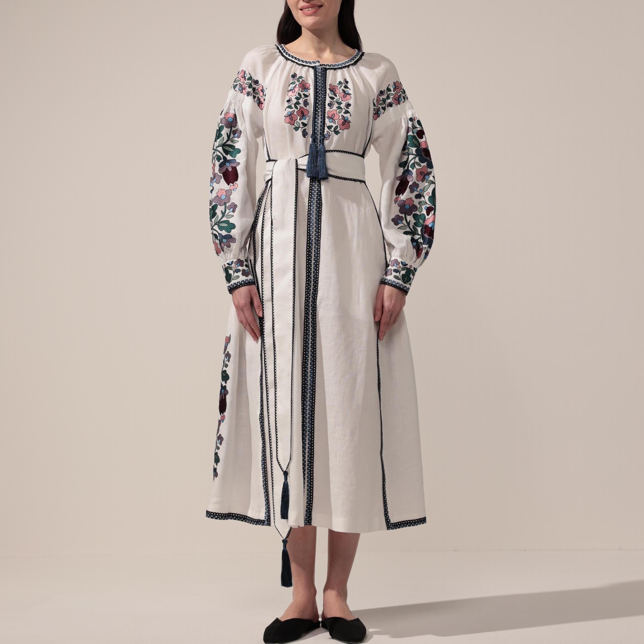 White Wedding Linen Dress with Exquisite Ukrainian Vyshyvanka Blue Embroidery Linen Embroidered Dress Ukrainian Dress Boho style