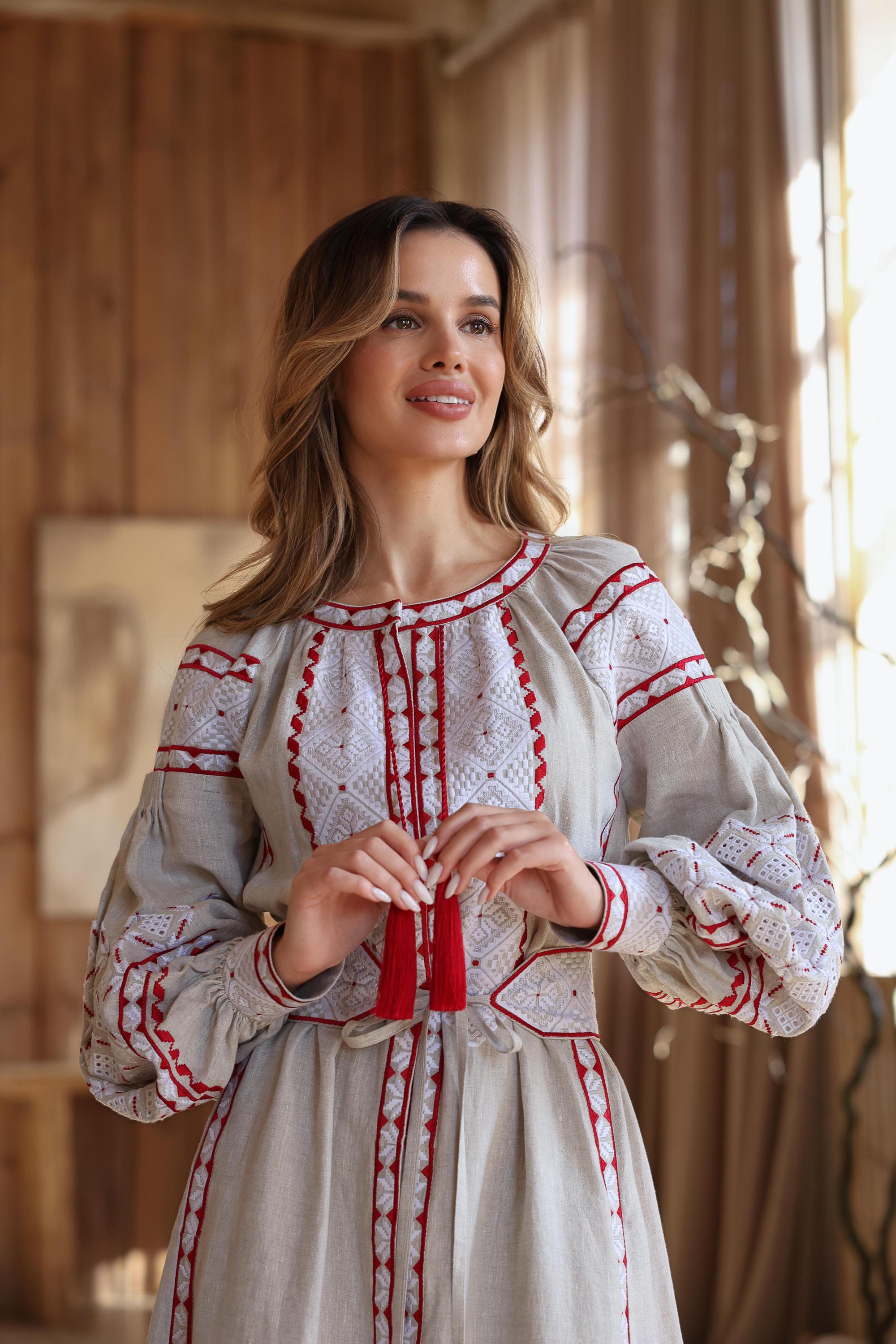 Wedding Linen Dress with Exquisite Ukrainian Vyshyvanka Blue Embroidery Linen Embroidered Dress Ukrainian Dress Boho style