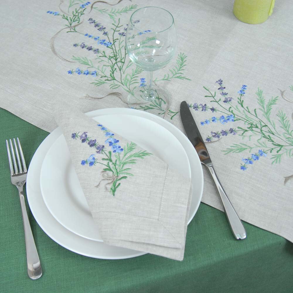 linen tablecloth with embroidered lavender designs