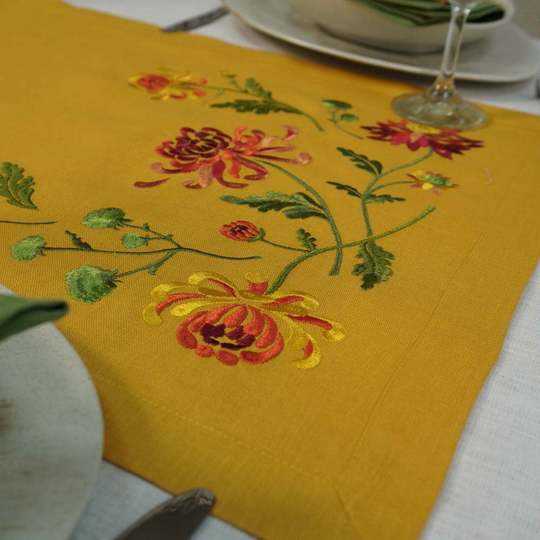 Tablecloth Embroidered 90х40 СМ Chrysanthemums (mustard linen) Christmas Gift Tablecloth. Ukrainian Embroidered Tablecloth.