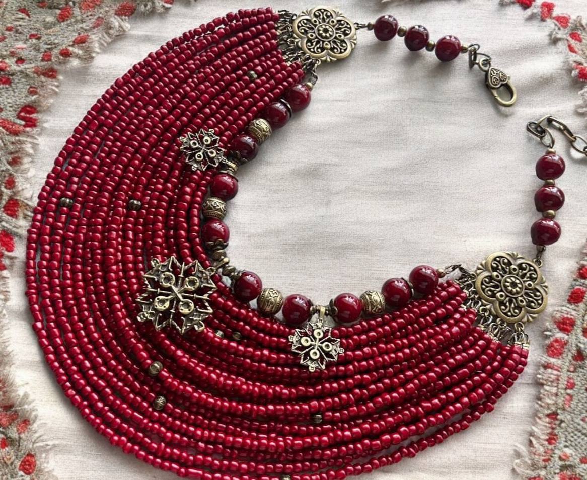 Ukrainian Traditional Multirow Ceramic Necklace with Antique Glass Beads
