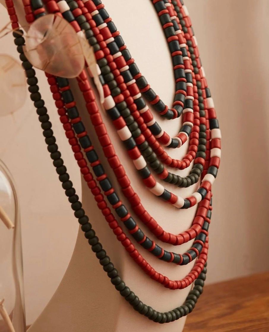 Ukrainian Traditional Red and Green Ceramic Necklace with Antique Fireplace Beads