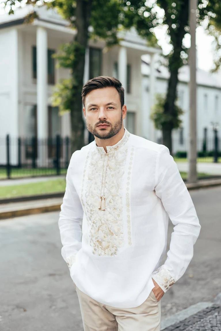 White Linen Shirt Embroidered Ukrainian for men shirt with gold embroidery