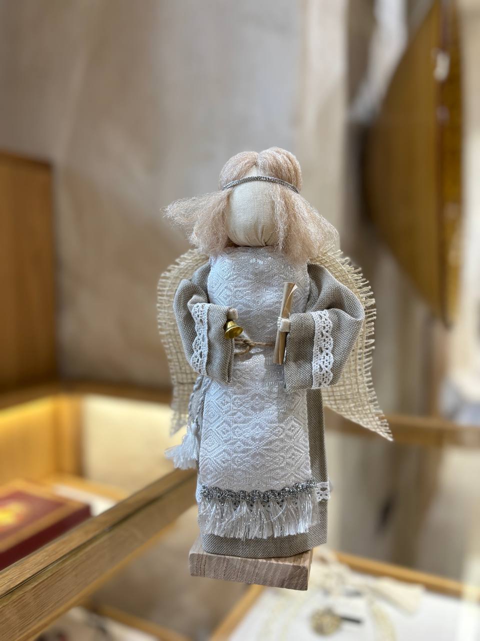 Unique Handmade Motanka Doll Angel with Wooden Stand for Easter