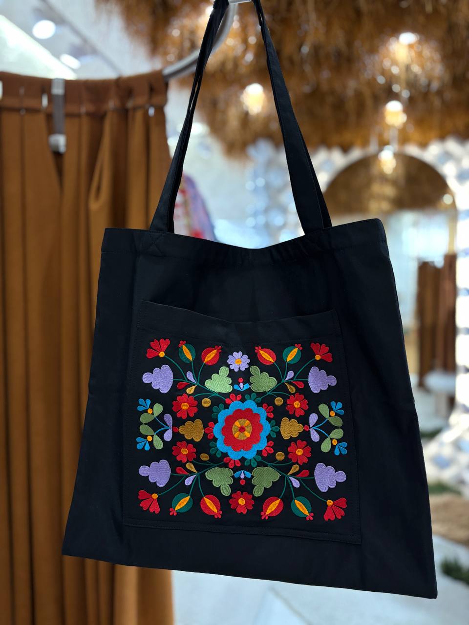 Black Linen Tote Bag Embroidered Floral Beach Bag