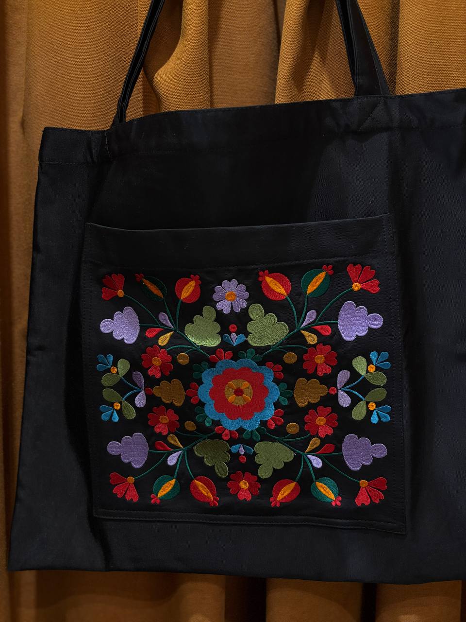 Black Linen Tote Bag Embroidered Floral Beach Bag