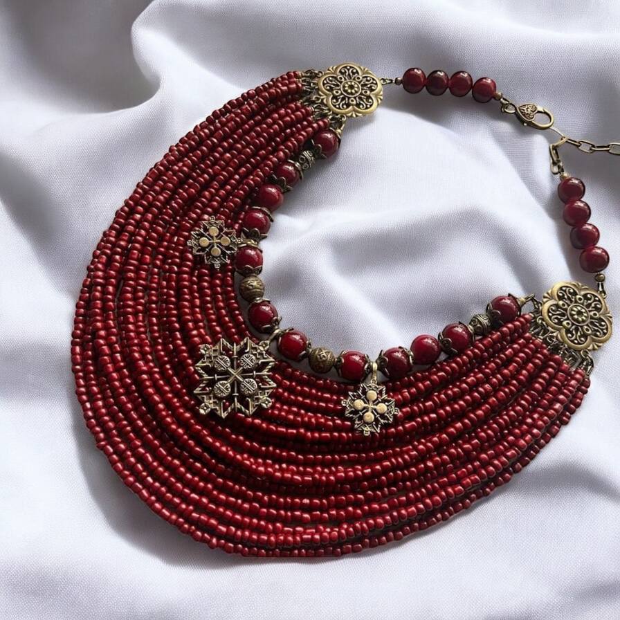 Red necklace Ukrainian Traditional MOTHERS GIFT Jewelry Ethnic Multirow Necklace of antique glass beads with contempt Gift for Her Easter