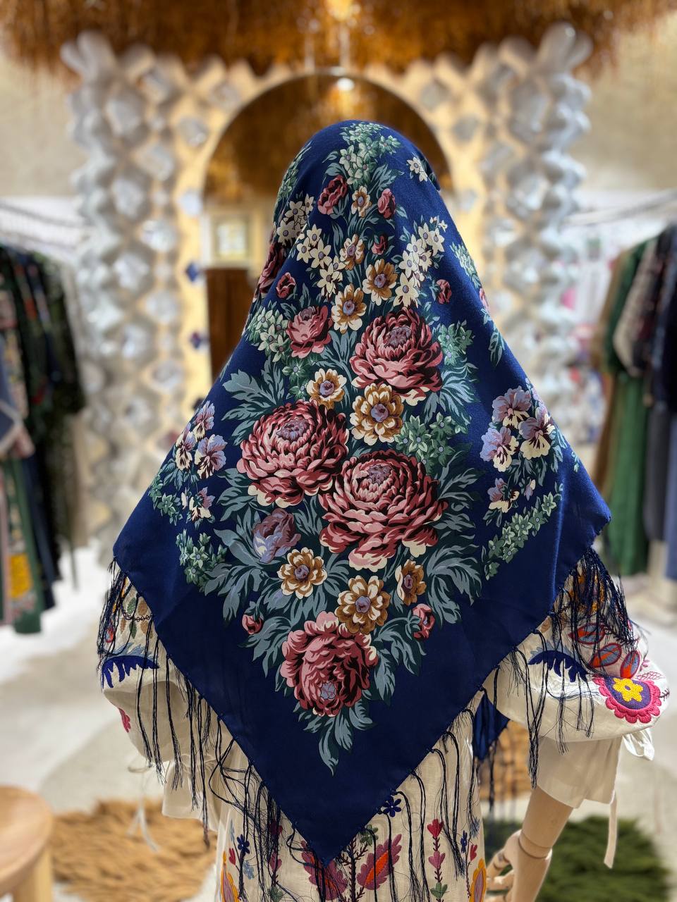 Blue Bohemian 80% Wool Shawl with Roses - Ukrainian White and Blue Ethnic Scarf 120 cm