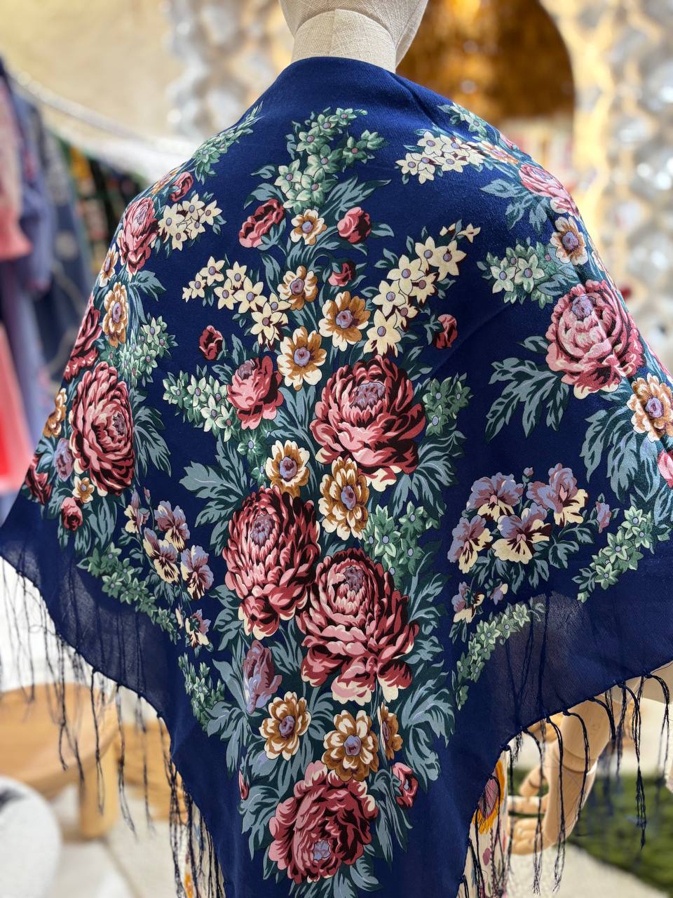 Blue Bohemian 80% Wool Shawl with Roses - Ukrainian White and Blue Ethnic Scarf 120 cm