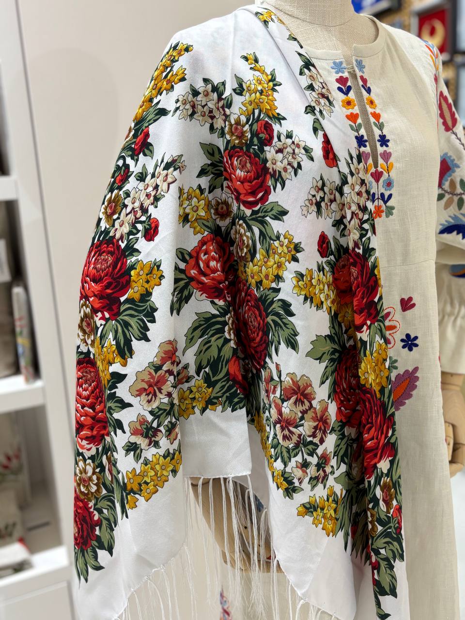 Ukrainian White with Red Wool Shawl - Traditional Bohemian Floral Scarf for Women