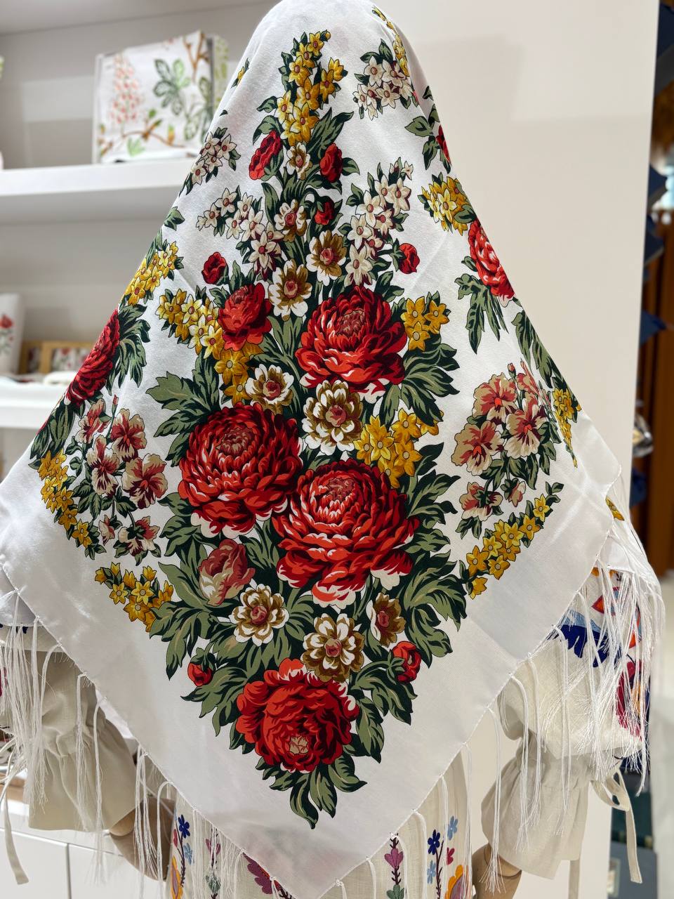Ukrainian White with Red Wool Shawl - Traditional Bohemian Floral Scarf for Women