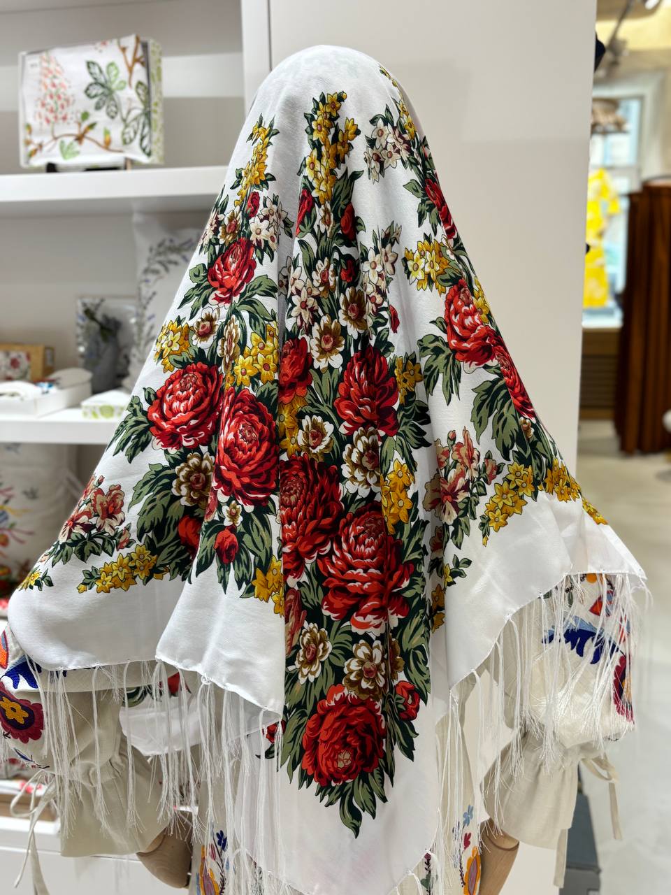Ukrainian White with Red Wool Shawl - Traditional Bohemian Floral Scarf for Women