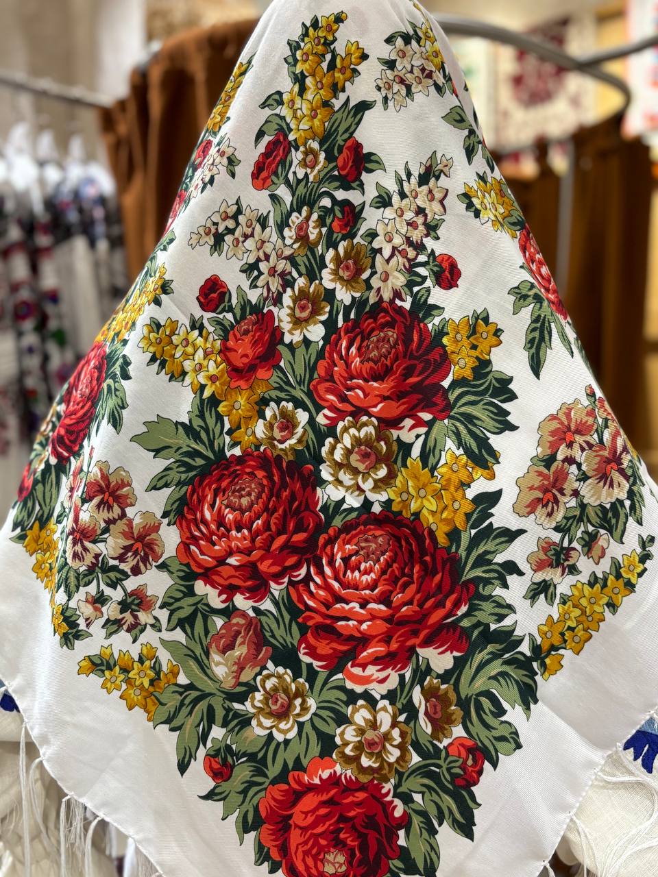 Ukrainian White with Red Wool Shawl - Traditional Bohemian Floral Scarf for Women