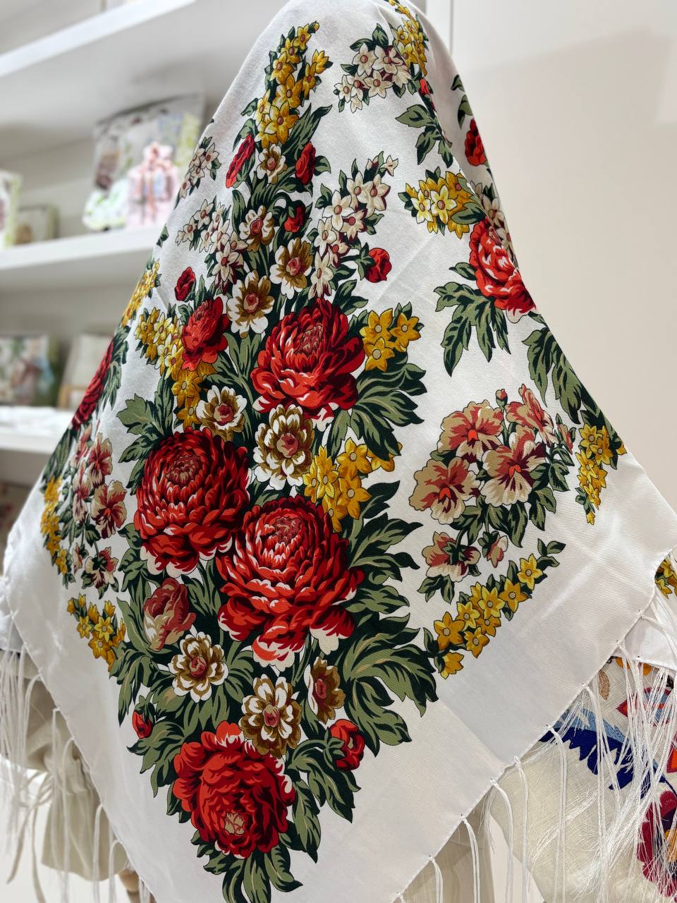 Ukrainian White with Red Wool Shawl - Traditional Bohemian Floral Scarf for Women
