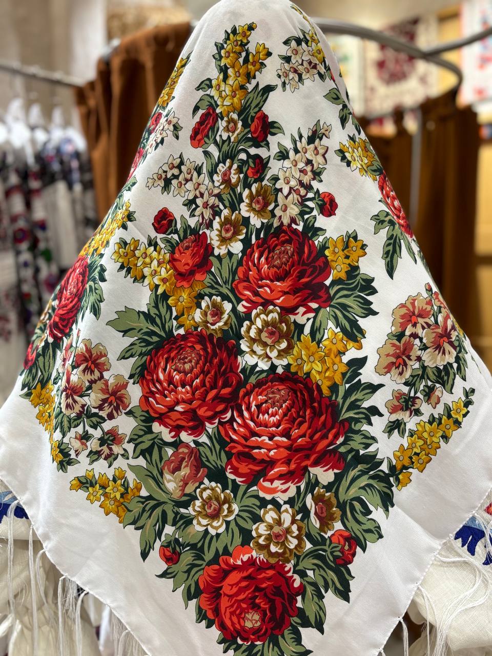 Ukrainian White with Red Wool Shawl - Traditional Bohemian Floral Scarf for Women