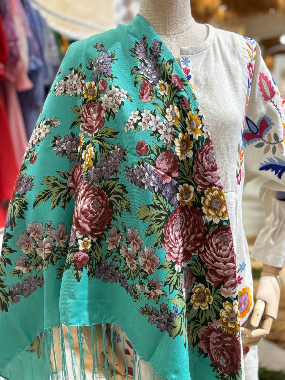 Green Bohemian Shawl with Roses and Field Flowers - Ukrainian Style 80% Wool