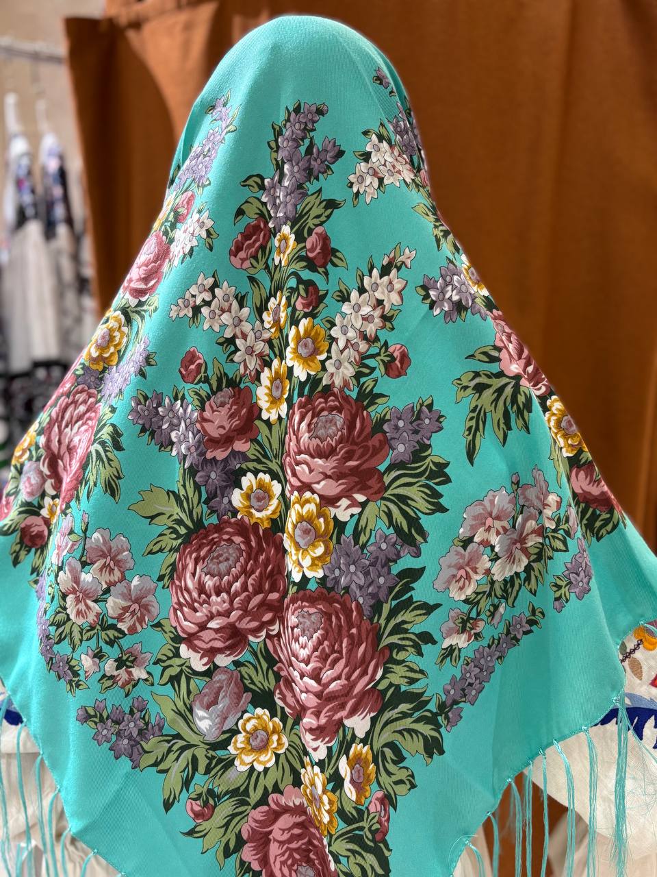 Green Bohemian Shawl with Roses and Field Flowers - Ukrainian Style 80% Wool