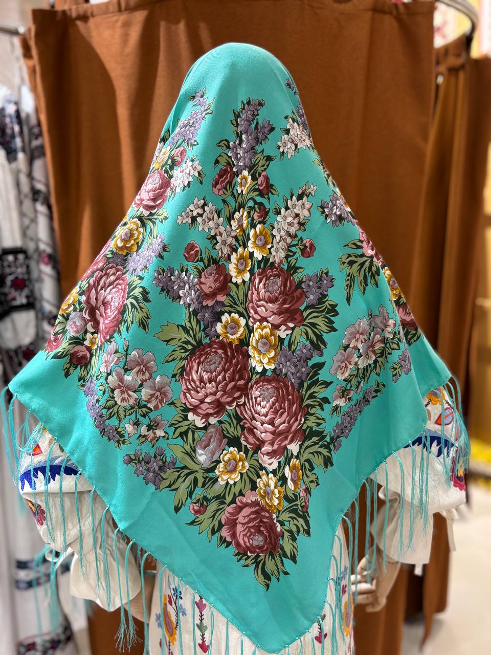 Green Bohemian Shawl with Roses and Field Flowers - Ukrainian Style 80% Wool