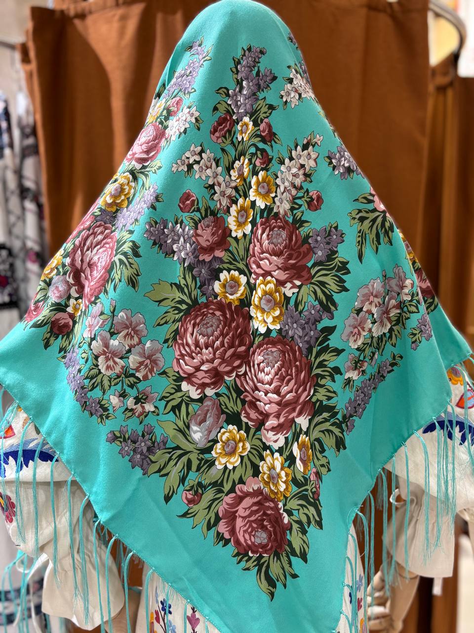 Green Bohemian Shawl with Roses and Field Flowers - Ukrainian Style 80% Wool