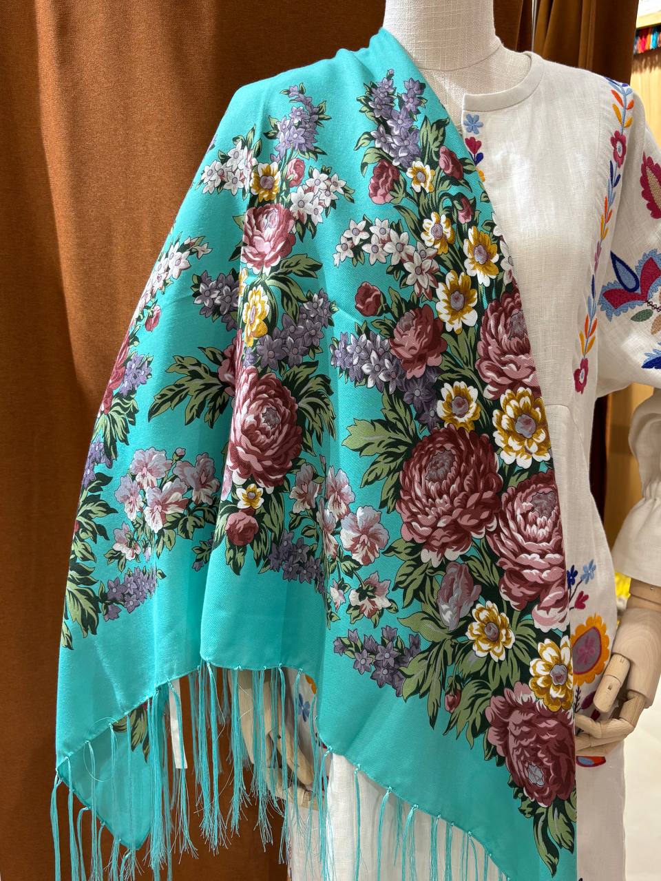 Green Bohemian Shawl with Roses and Field Flowers - Ukrainian Style 80% Wool