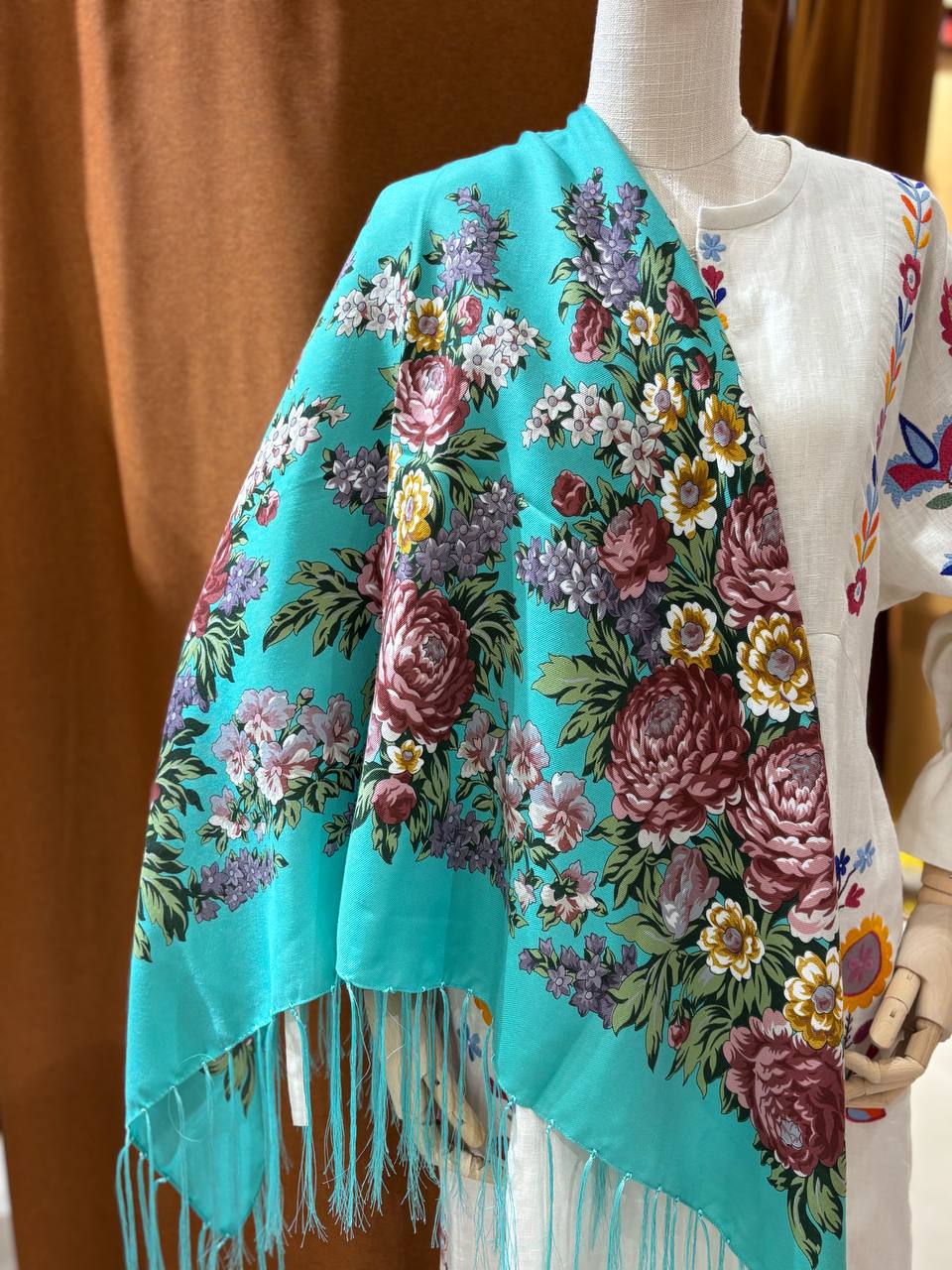 Green Bohemian Shawl with Roses and Field Flowers - Ukrainian Style 80% Wool