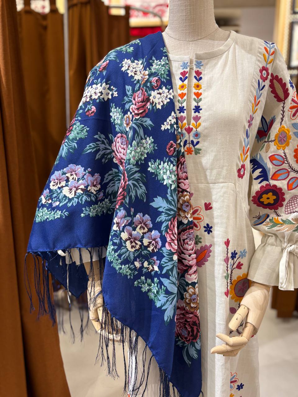 Blue Ukrainian Wool 80% Shawl - Bohemian Floral Scarf for Women, Mom, Daughter