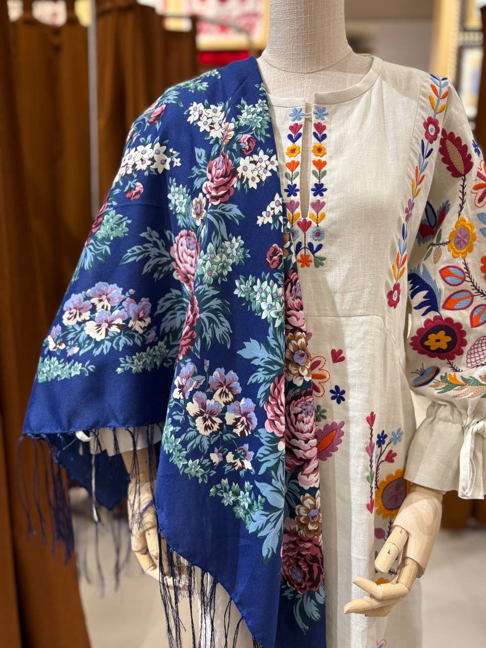 Blue Ukrainian Wool 80% Shawl - Bohemian Floral Scarf for Women, Mom, Daughter