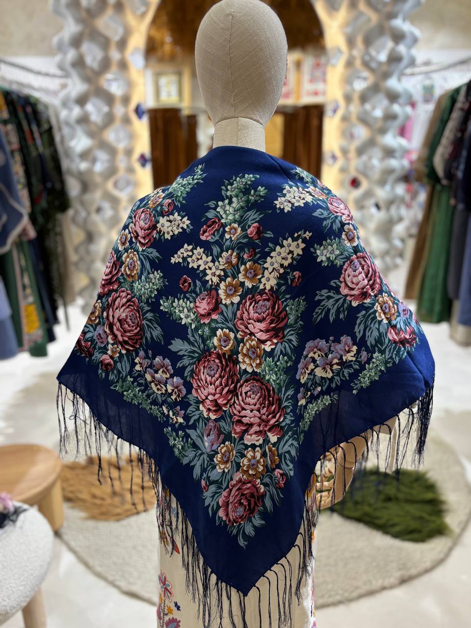 Blue Ukrainian Wool 80% Shawl - Bohemian Floral Scarf for Women, Mom, Daughter