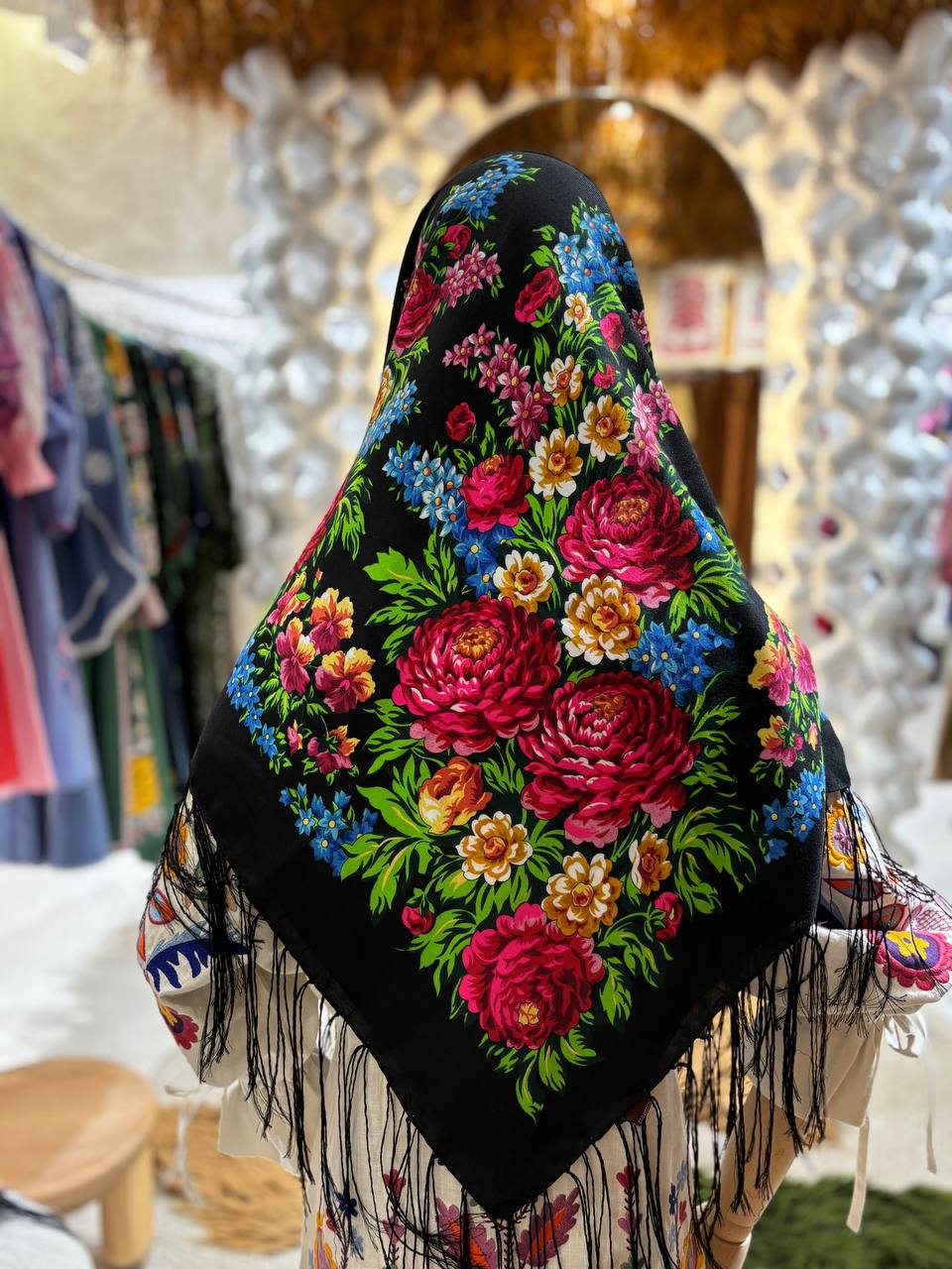Black Ukrainian Shawl - 80% Wool Floral Scarf