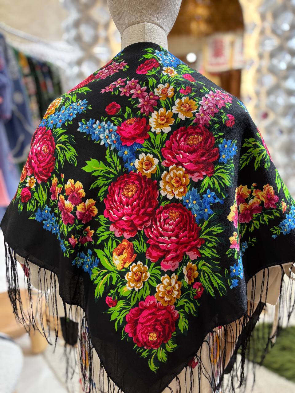 Black Ukrainian Shawl - 80% Wool Floral Scarf