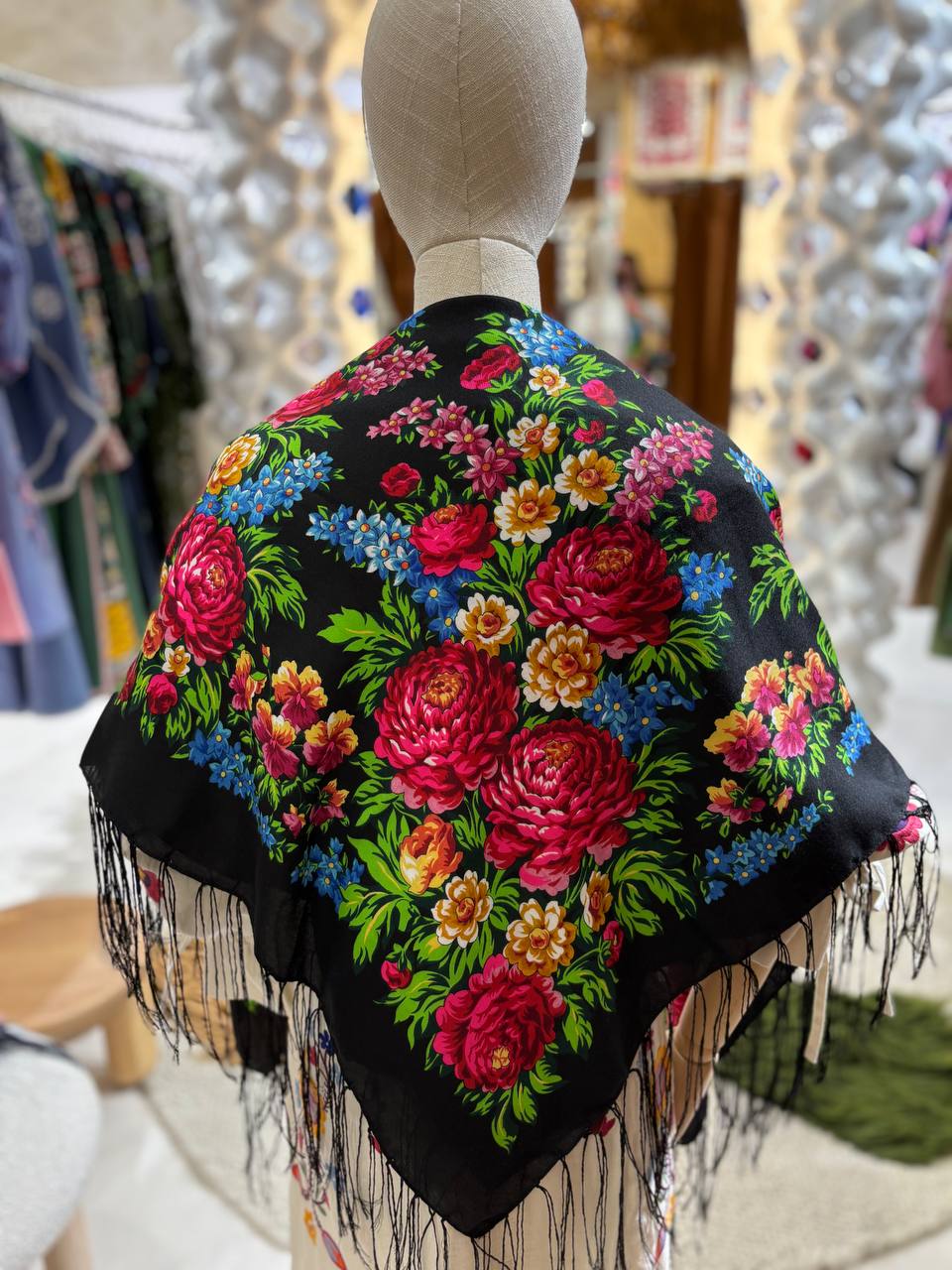 Black Ukrainian Shawl - 80% Wool Floral Scarf