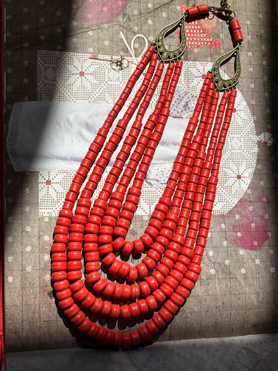 Handmade Ukrainian Ceramic Beaded Necklace - Traditional Long Red Jewelry