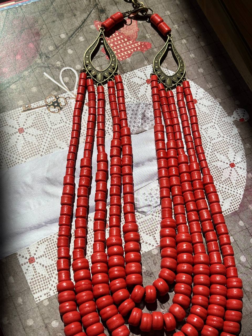 Handmade Ukrainian Ceramic Beaded Necklace - Traditional Long Red Jewelry