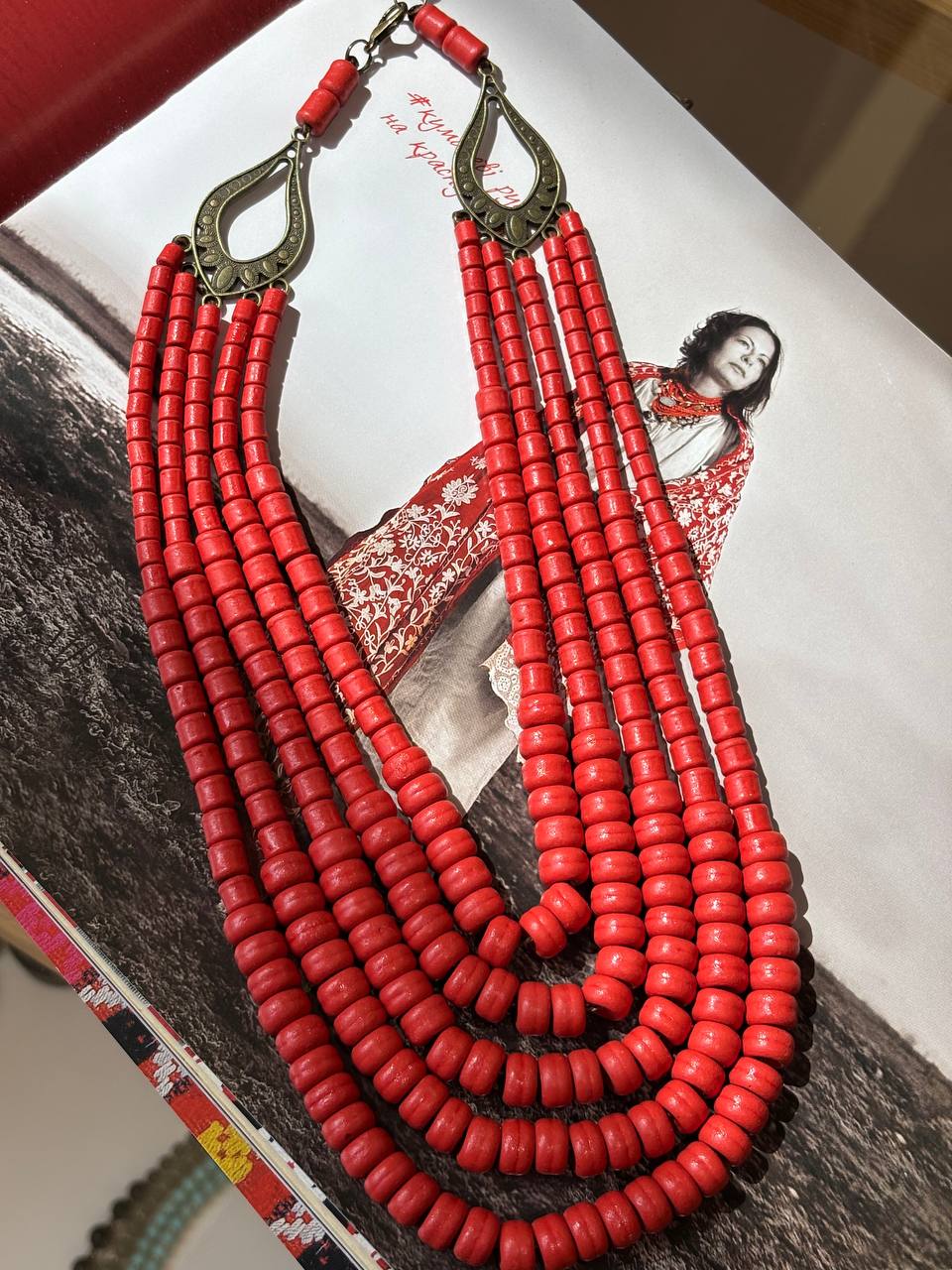 Handmade Ukrainian Ceramic Beaded Necklace - Traditional Long Red Jewelry