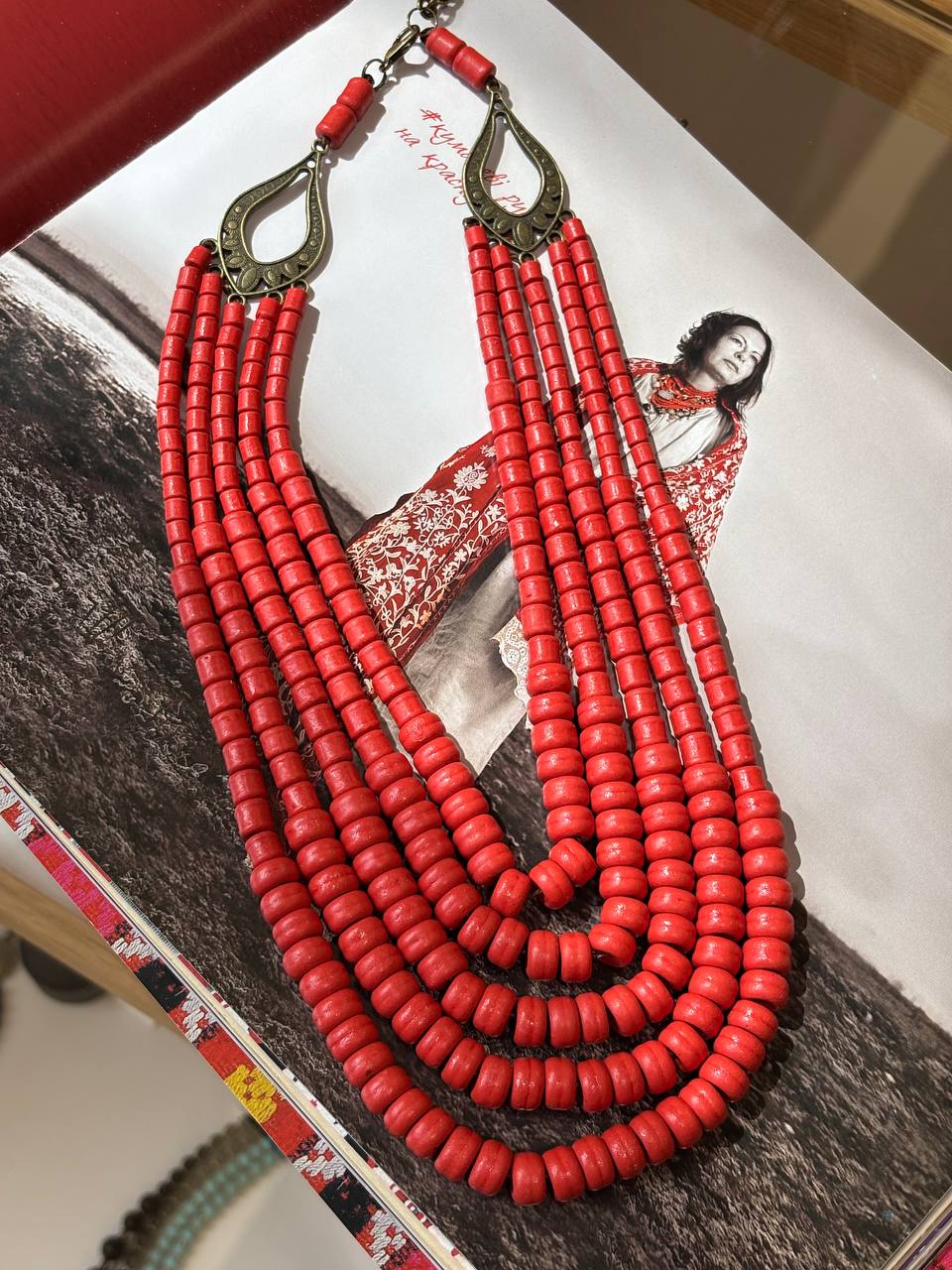 Handmade Ukrainian Ceramic Beaded Necklace - Traditional Long Red Jewelry