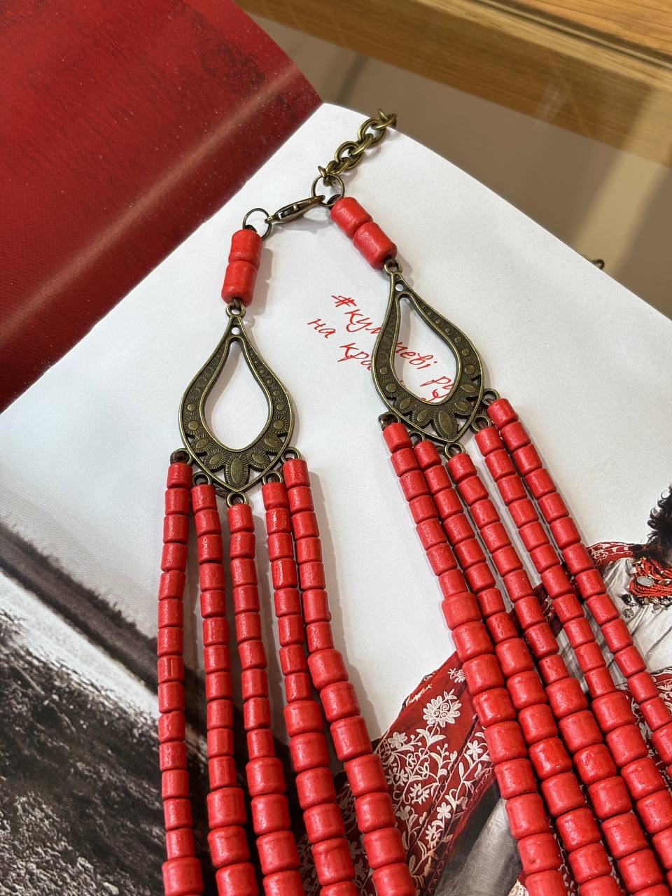 Handmade Ukrainian Ceramic Beaded Necklace - Traditional Long Red Jewelry