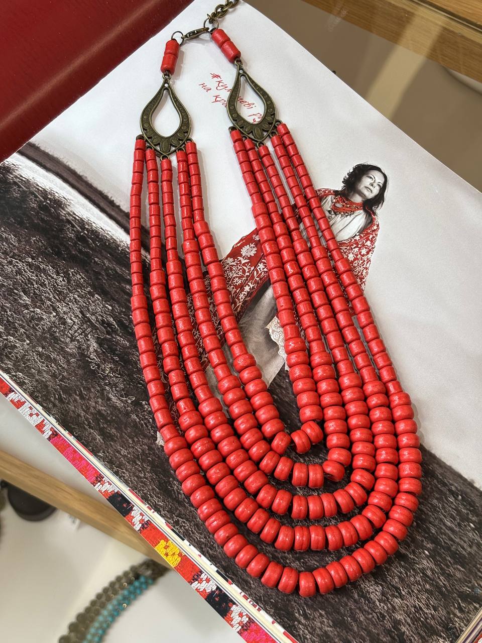 Handmade Ukrainian Ceramic Beaded Necklace - Traditional Long Red Jewelry