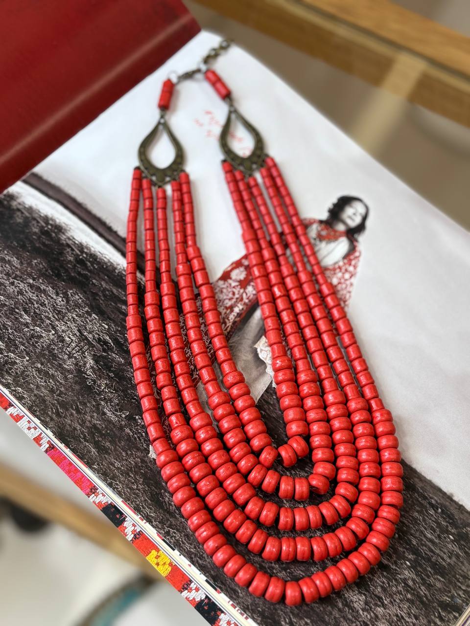 Handmade Ukrainian Ceramic Beaded Necklace - Traditional Long Red Jewelry