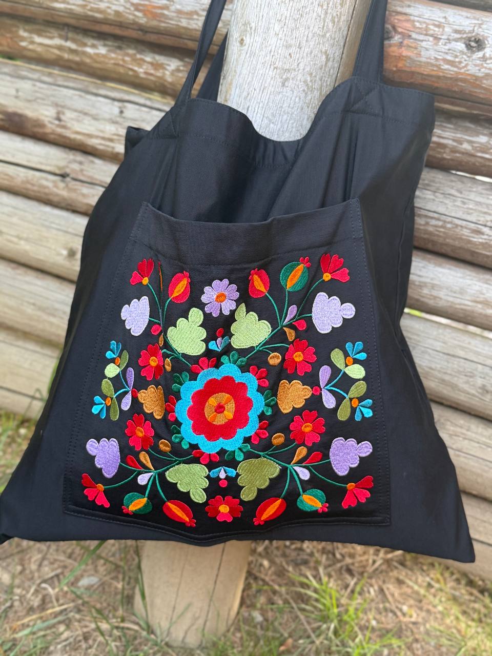 Black Linen Tote Bag Embroidered Floral Beach Bag