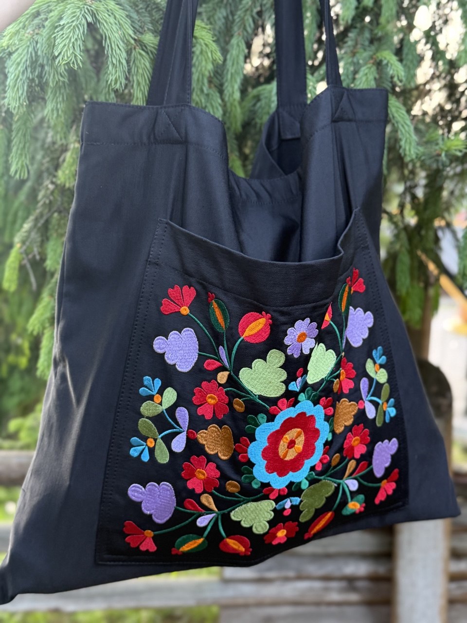 Black Linen Tote Bag Embroidered Floral Beach Bag