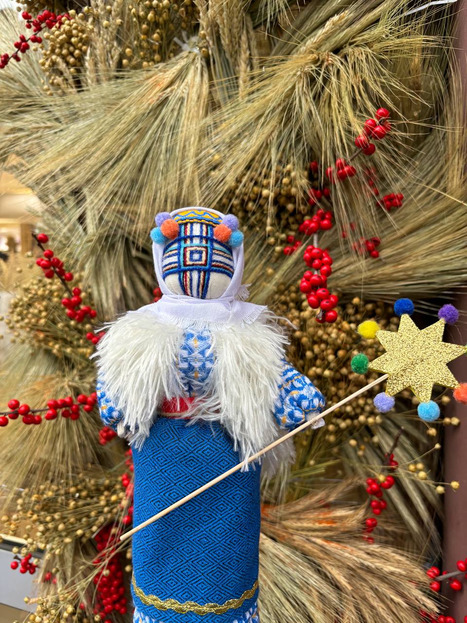 Unique Motanka Doll "Christmas" Handmade on Wooden Stand - Home and Family Protector