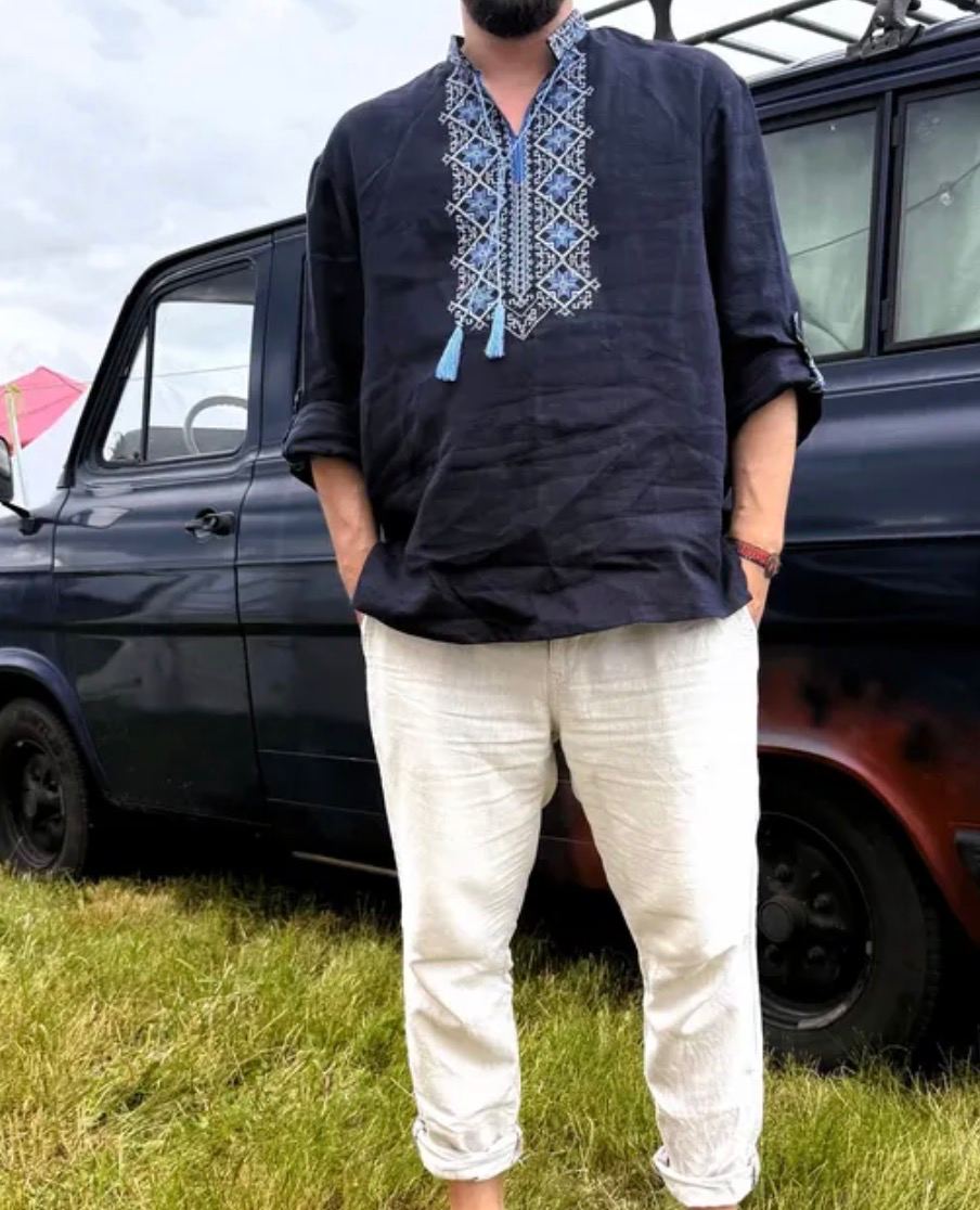Blue Linen Shirt Ukrainian shirt unisex Embroidered shirt Unisex Traditional Vyshyvanka