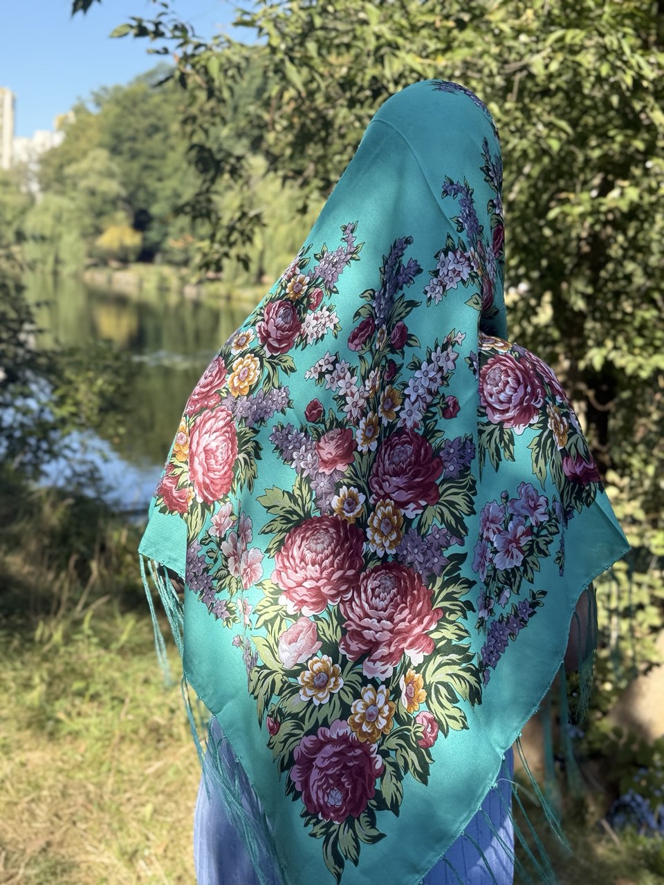 Green Bohemian Shawl with Roses and Field Flowers - Ukrainian Style 80% Wool