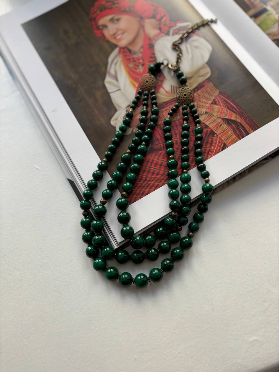 Green necklace Pressed agate Ukrainian Traditional Jewelry natural Ethnic