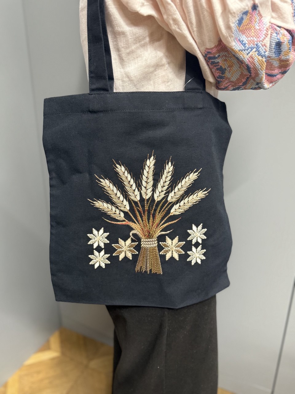 Black Linen Tote Bag Embroidered Floral Organic Bag