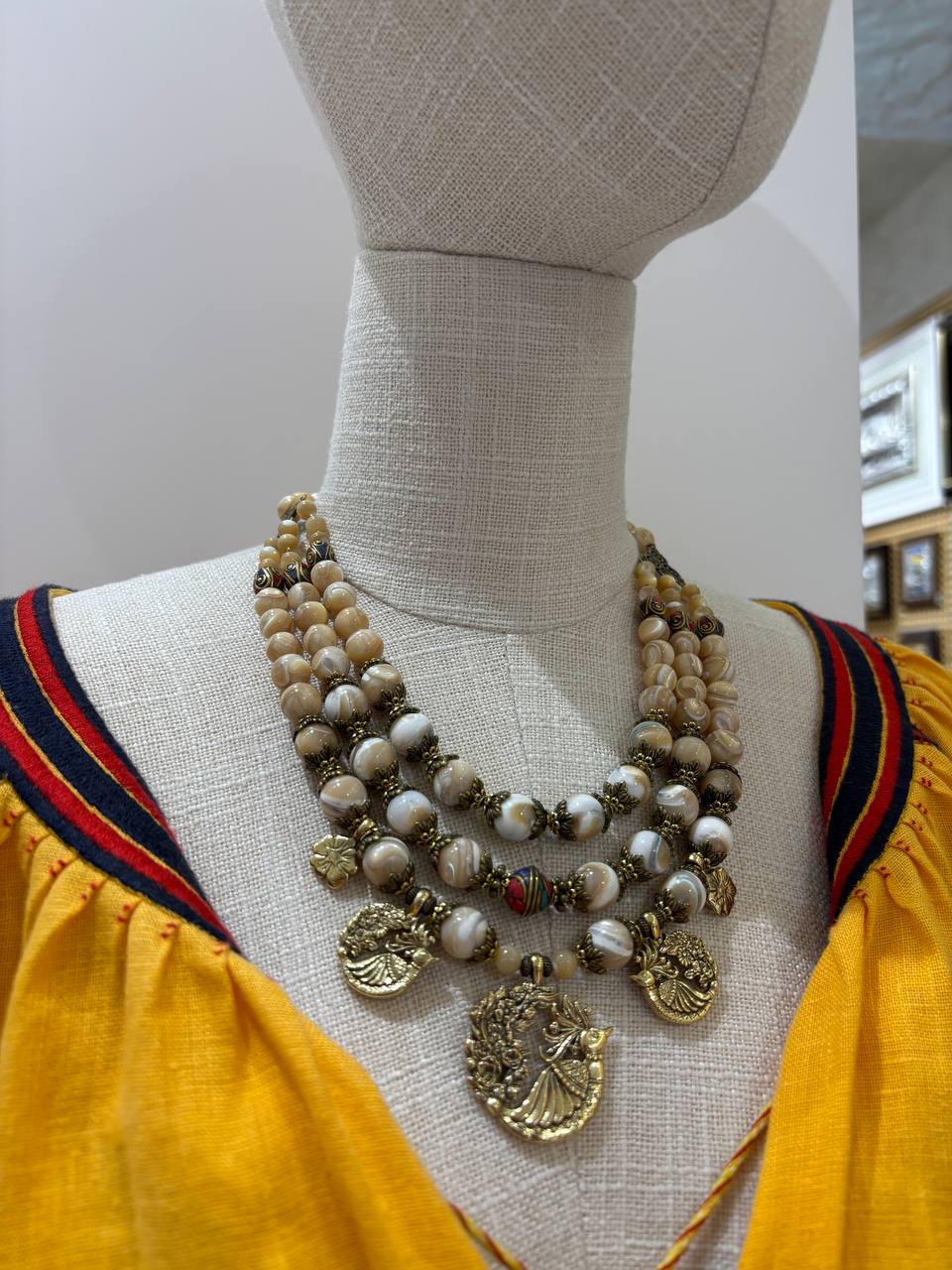 Beige Ukrainian Traditional Fire Bird Pearl Necklace - Ethnic Jewelry